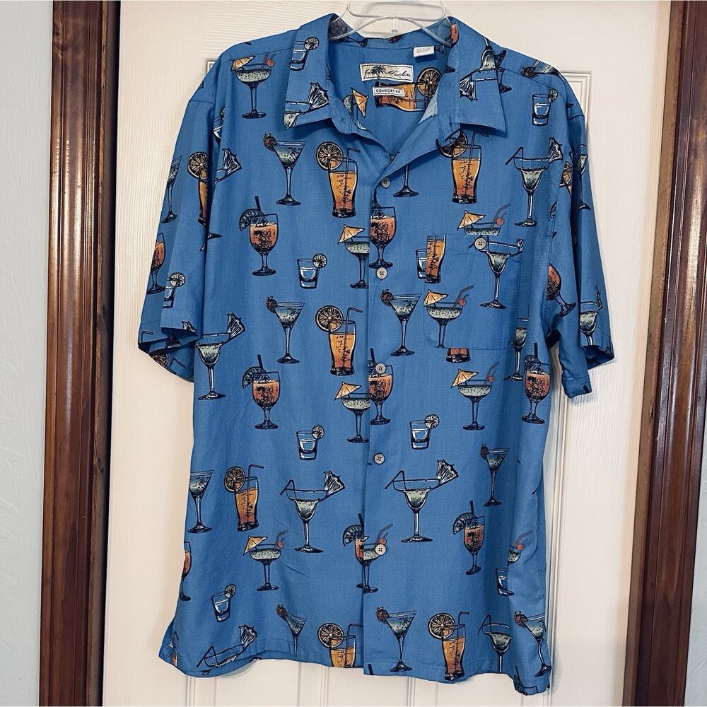 Joe Marlin XL Colorful Cocktails Hawaiian Shirt Short Sleeve Button Blue - Picture 2 of 5